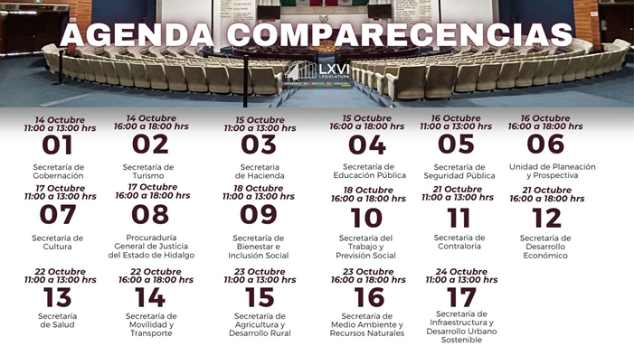 Congreso de Hidalgo da a conocer calendario de comparecencias de Secretarios del Poder Ejecutivo